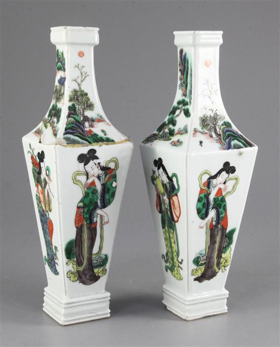 A pair of Chinese famille verte vases, late 19th century, 25cm, one broken and glued